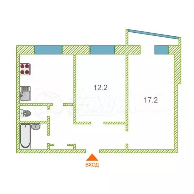 2-к. квартира, 50,5 м, 5/9 эт. - Фото 0