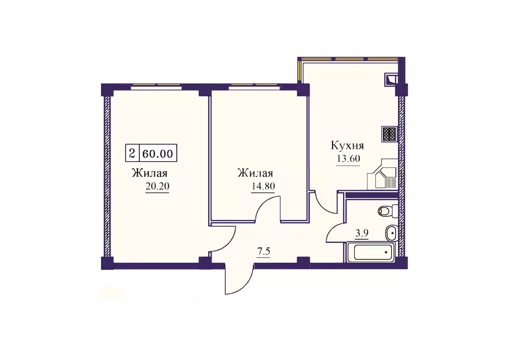 2-к квартира, 59.9 м - Фото 0