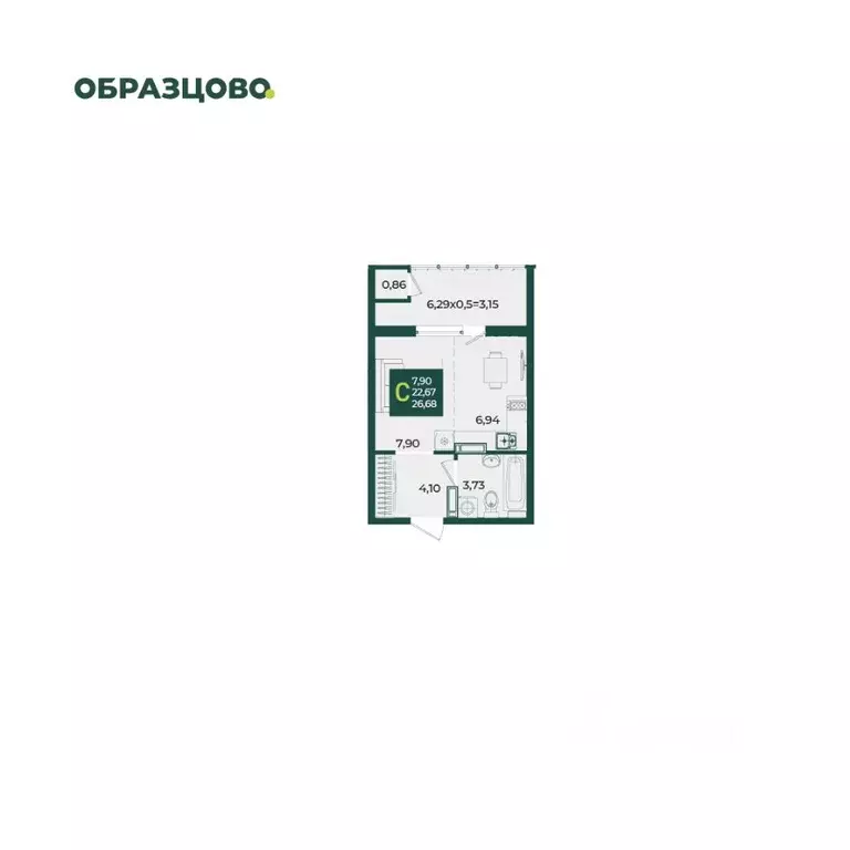 Студия Краснодарский край, Краснодар Образцово мкр,  (26.68 м) - Фото 1