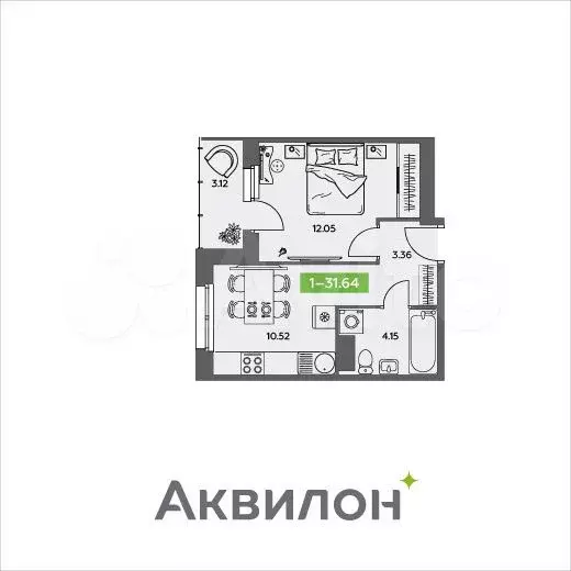 1-к. квартира, 31,6м, 3/5эт. - Фото 1