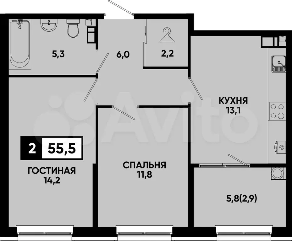 2-к. квартира, 55,5 м, 7/14 эт. - Фото 0