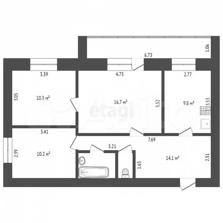 3-к. квартира, 65,4 м, 9/12 эт. - Фото 0