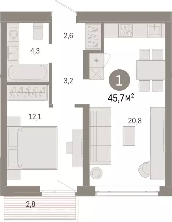 1-комнатная квартира: Тюмень, Ленинский округ (45.71 м) - Фото 1