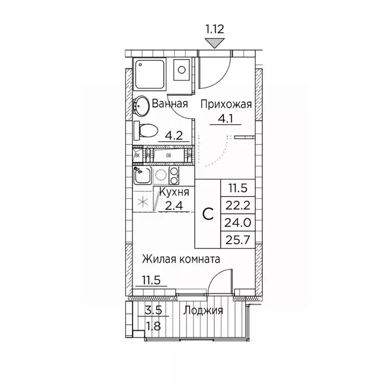 1-к кв. Приморский край, Владивосток ул. Расула Гамзатова, 7к2 (25.7 ... - Фото 1