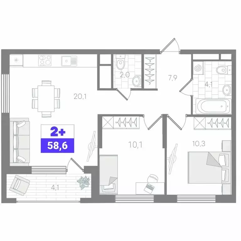 2-комнатная квартира: Тюмень, микрорайон ДОК (58.6 м) - Фото 0