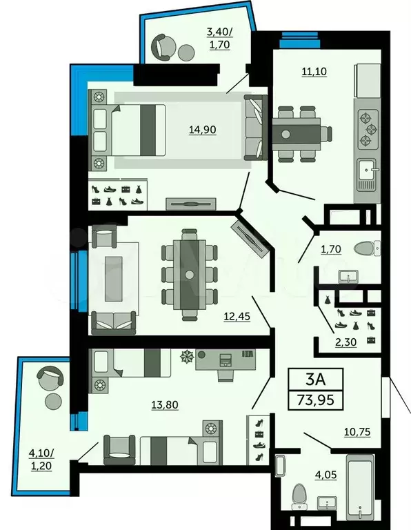 3-к. квартира, 74 м, 14/21 эт. - Фото 0