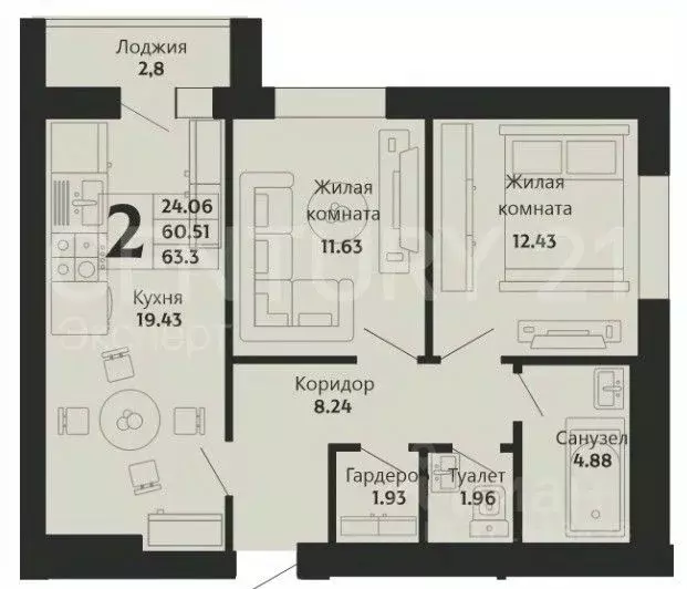 2-к кв. Калининградская область, Калининград Закатная ул., 29к1 (63.0 ... - Фото 0