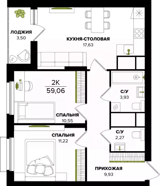 2-к кв. Тульская область, Тула  (59.06 м) - Фото 0