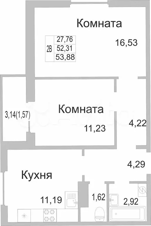 2-к. квартира, 53,9 м, 2/9 эт. - Фото 0