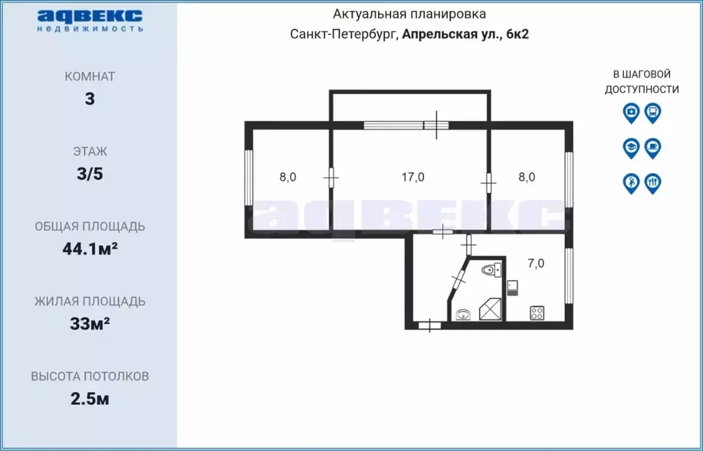 3-к кв. Санкт-Петербург Апрельская ул., 6К2 (44.1 м) - Фото 1