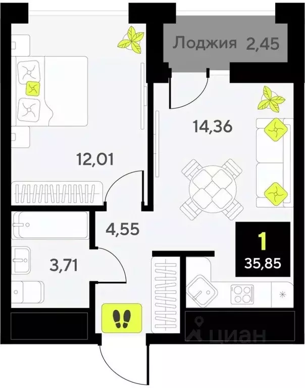 1-к кв. Тюменская область, Тюмень ул. Андрея Приказнова, 7 (35.85 м) - Фото 0