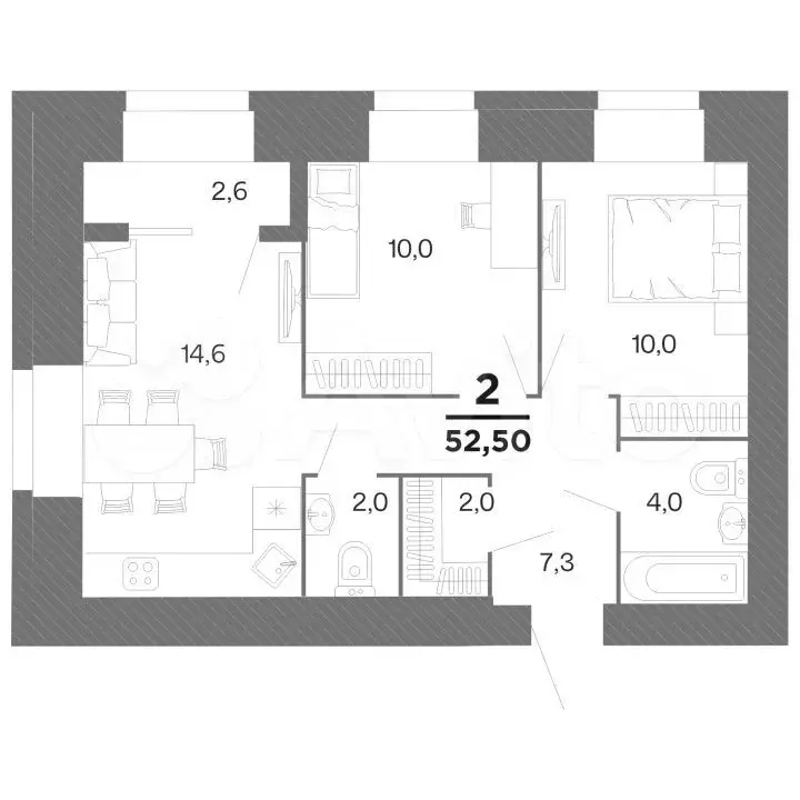 2-к. квартира, 52,5 м, 2/16 эт. - Фото 0
