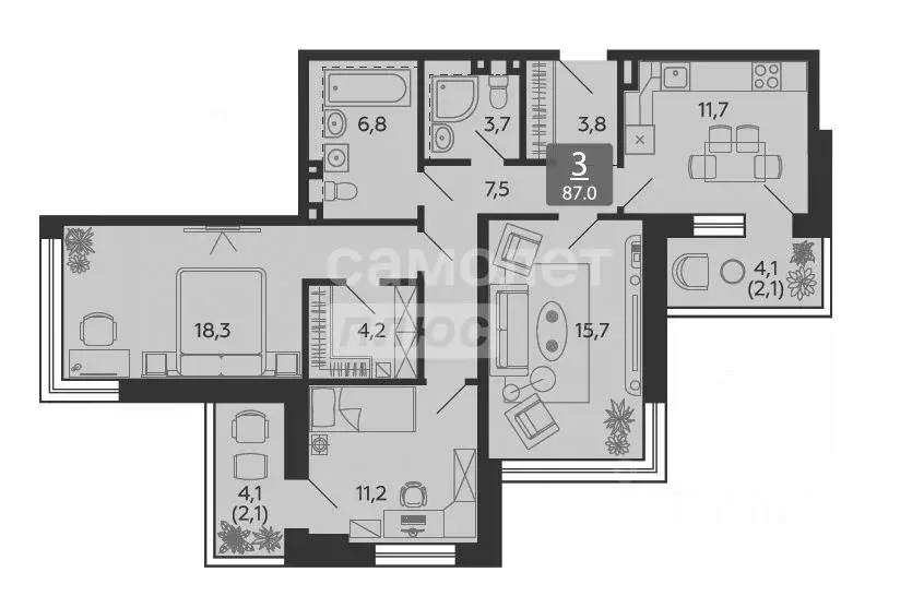 3-к кв. Москва наб. Марка Шагала, 1к1 (87.1 м) - Фото 1