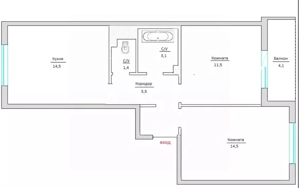 2-к кв. Санкт-Петербург наб. Реки Каменки, 19к4 (50.5 м) - Фото 1