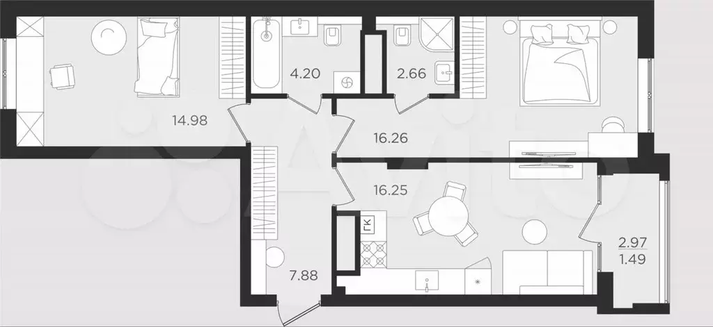 2-к. квартира, 64 м, 5/9 эт. - Фото 1
