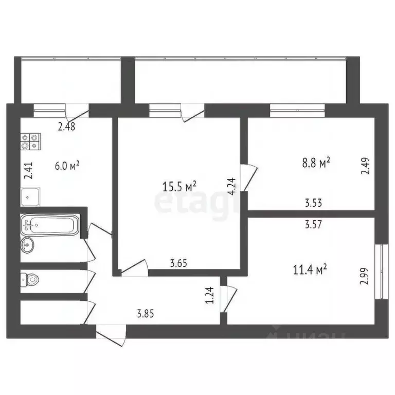 3-к кв. Тюменская область, Тюмень ул. 50 лет Октября, 44 (53.0 м) - Фото 2