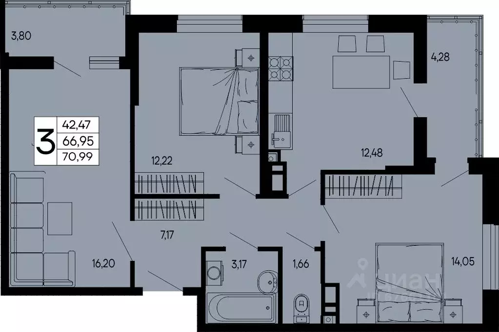 3-к кв. Адыгея, Майкоп 9 Мая ул. (70.99 м) - Фото 1