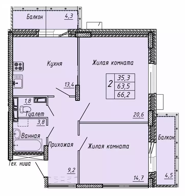 2-комнатная квартира: Орёл, улица Матросова, 3Б (66.2 м) - Фото 0