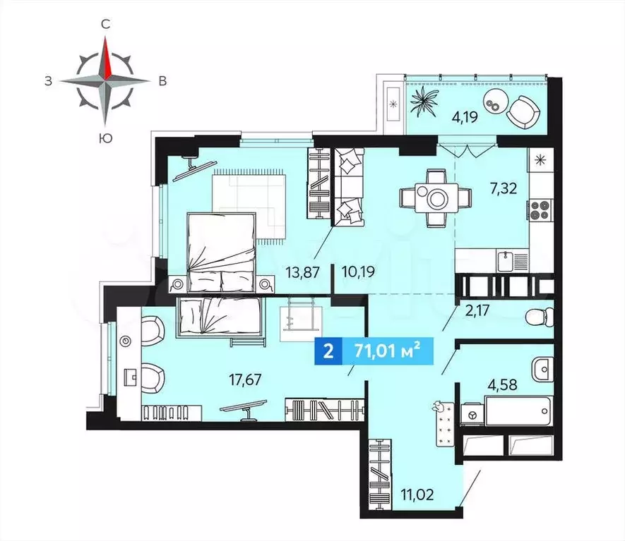 2-к. квартира, 71 м, 3/24 эт. - Фото 0