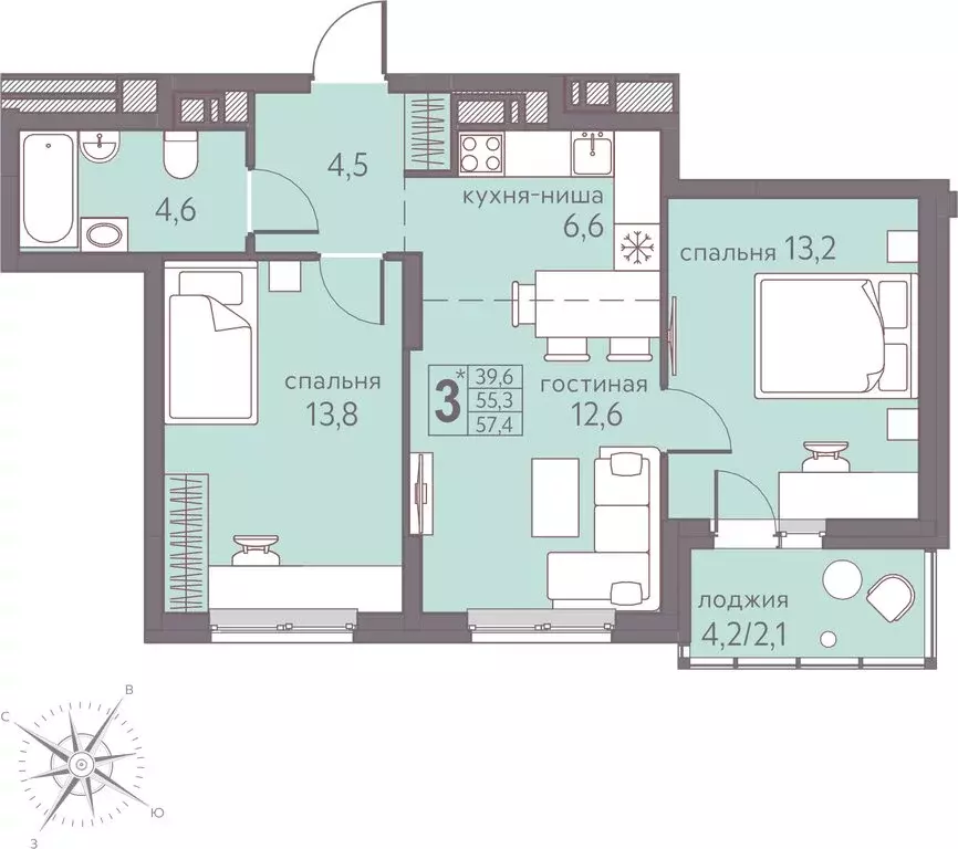 3-комнатная квартира: Пермь, Серебристая улица, 5 (57.4 м) - Фото 0
