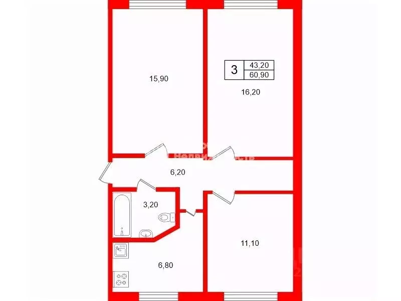 3-к кв. Санкт-Петербург просп. Большевиков, 49К1 (60.9 м) - Фото 2