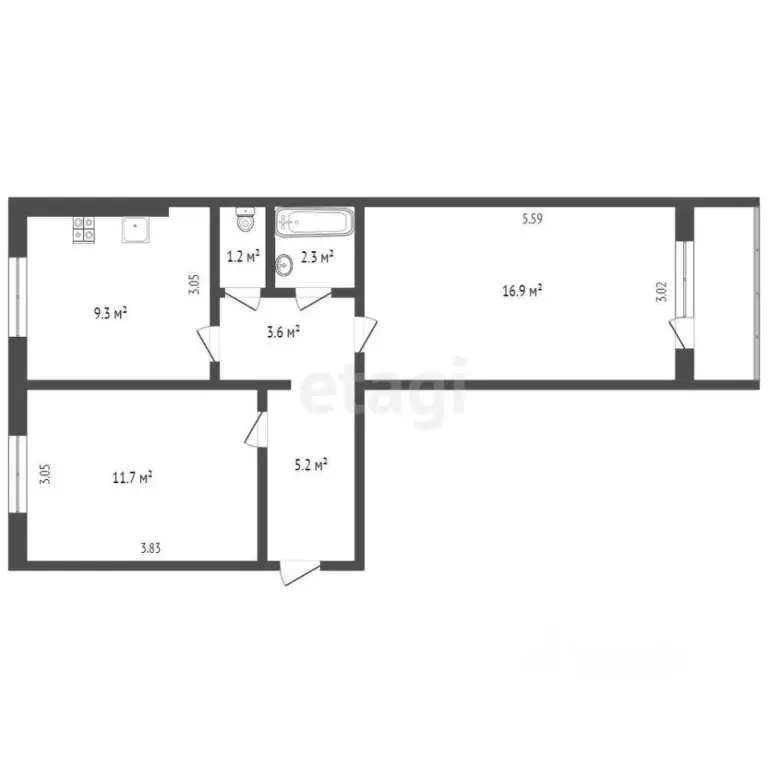 2-к кв. Коми, Усинск Комсомольская ул., 3 (50.3 м) - Фото 1
