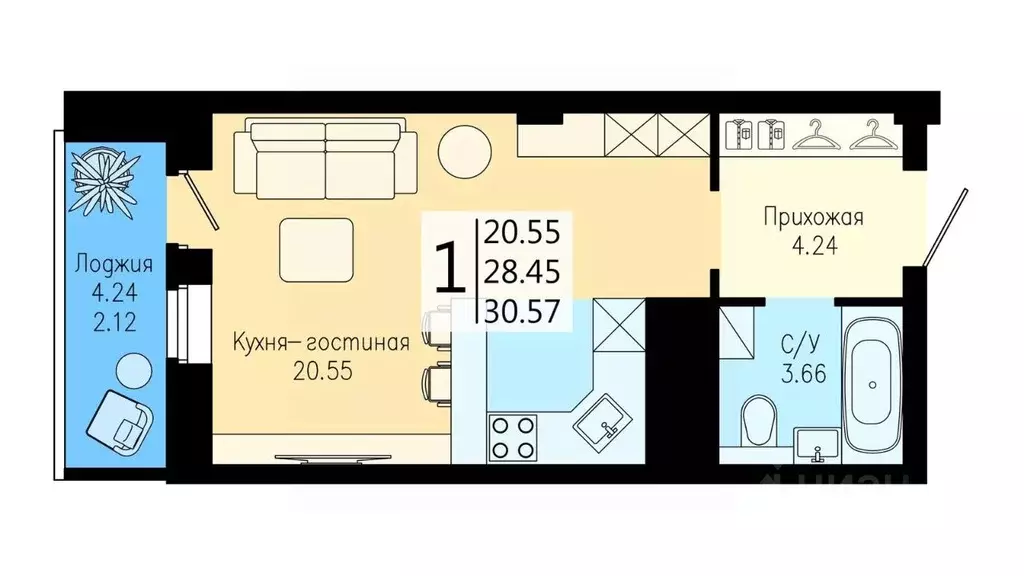 Студия Красноярский край, Красноярск Дудинская ул. (30.57 м) - Фото 0