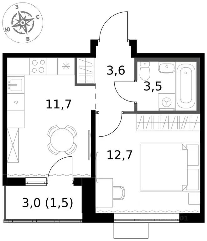 Квартира, 1 комната, 33 м - Фото 1