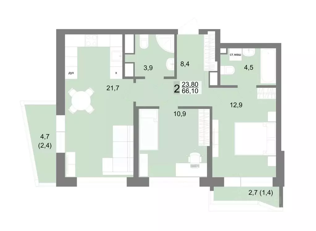 2-к кв. Свердловская область, Екатеринбург ул. Семена Лагоды, 80 (66.1 ... - Фото 1