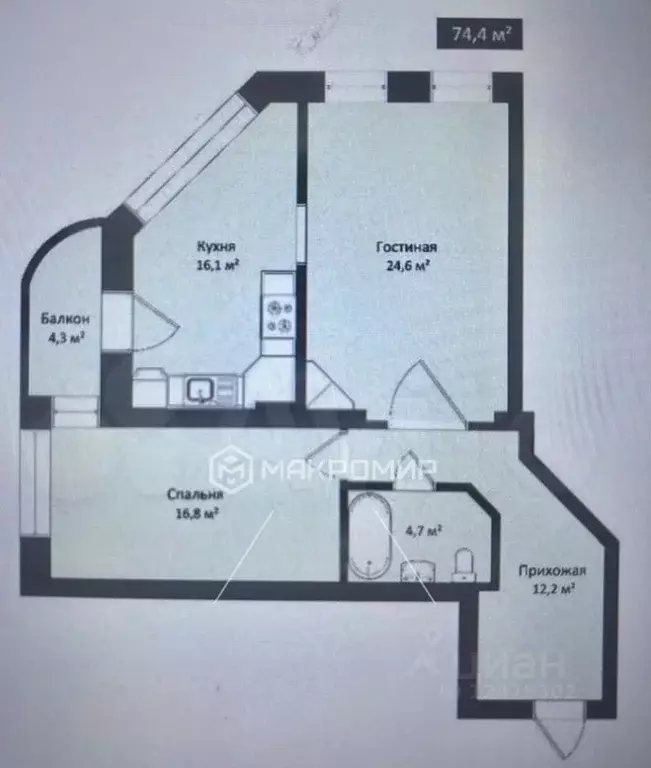 1-к кв. Санкт-Петербург Тбилисская ул., 32 (74.4 м) - Фото 2