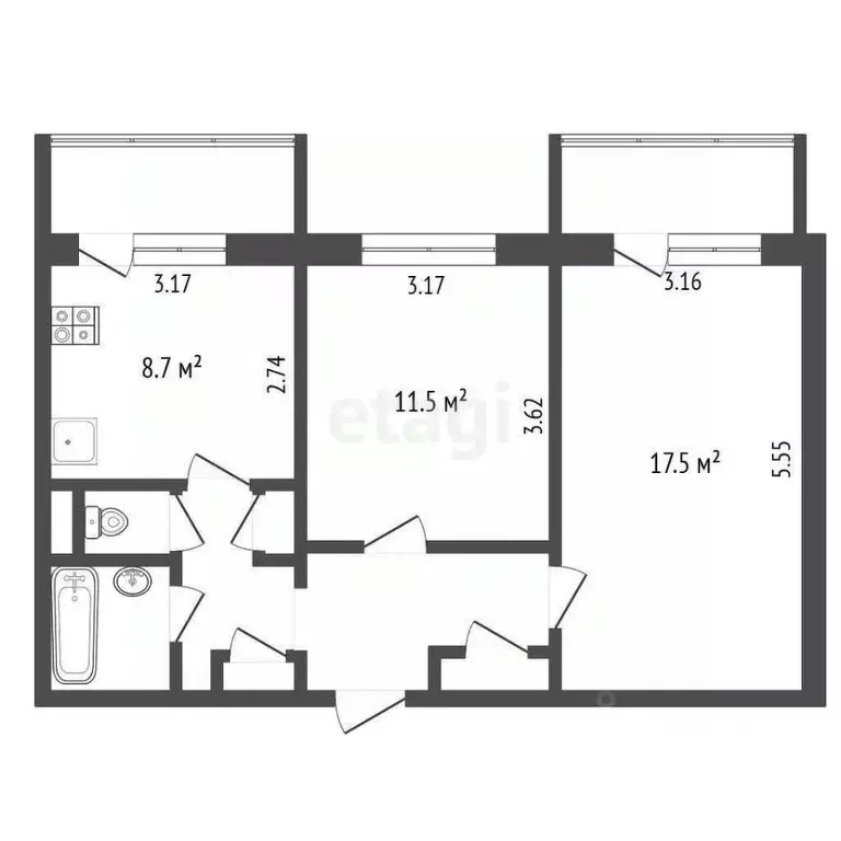2-к кв. Белгородская область, Белгород ул. Губкина, 35 (51.1 м) - Фото 0
