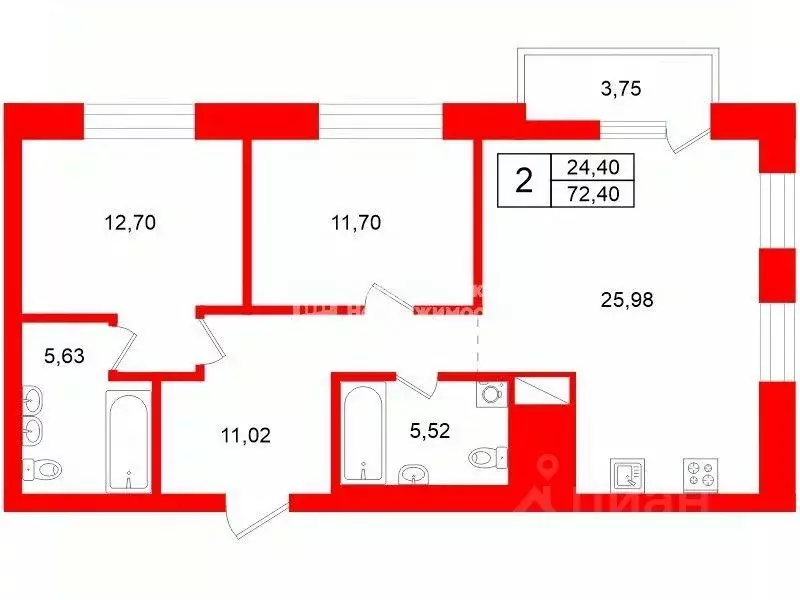 Квартира, 2 комнаты, 72.4 м - Фото 0