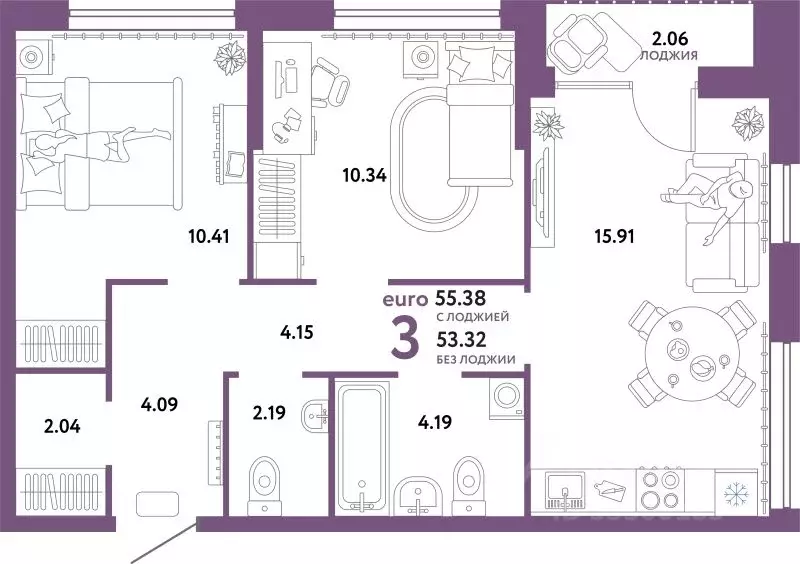 3-к кв. Тюменская область, Тюмень ул. 50 лет Октября, 63к2 (55.38 м) - Фото 1