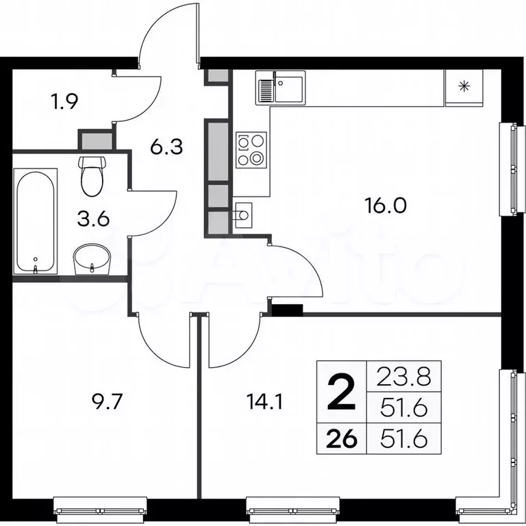2-к. квартира, 51,6 м, 3/4 эт. - Фото 0
