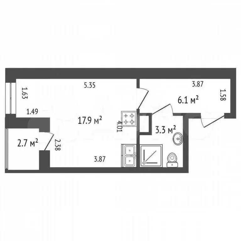 Квартира-студия, 27,3 м, 3/8 эт. - Фото 0