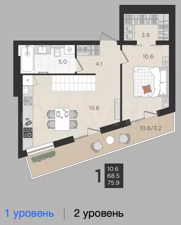 2-к. квартира, 69 м, 4/4 эт. - Фото 1