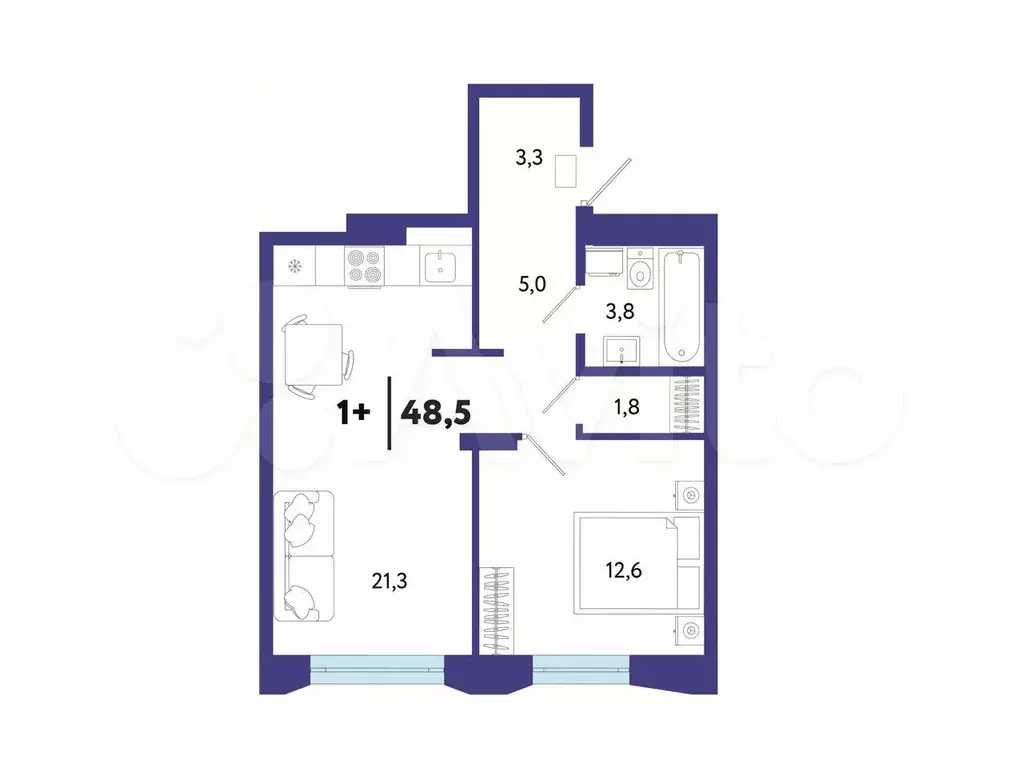 1-к. квартира, 48,5 м, 2/4 эт. - Фото 1