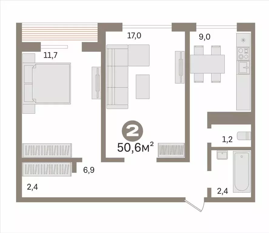 2-комнатная квартира: Тюмень, Почтовая улица, 28 (50.6 м) - Фото 2