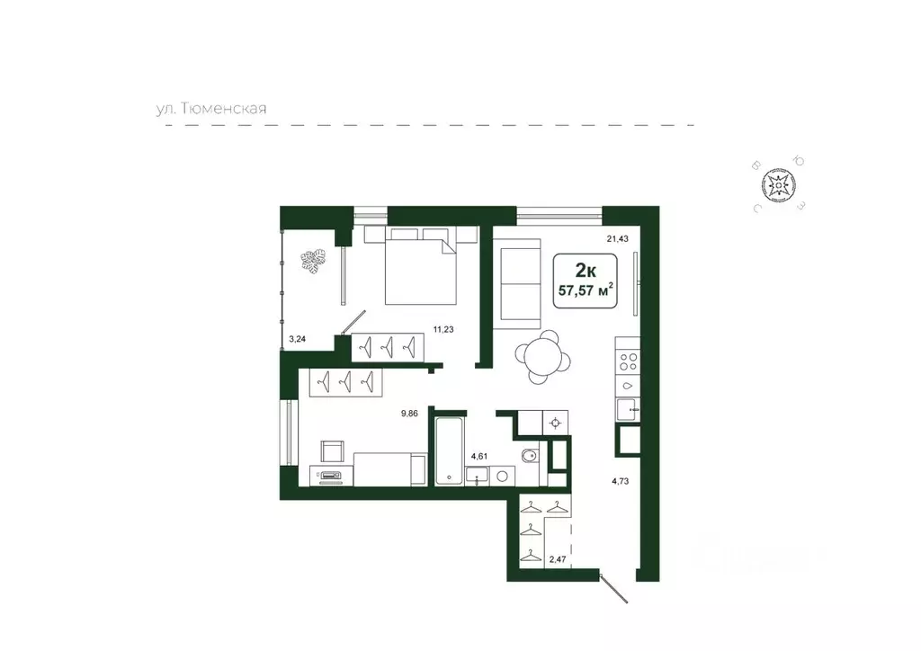 2-к кв. Тюменская область, Тюменский муниципальный округ, д. Дударева ... - Фото 1