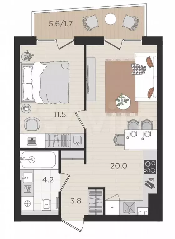1-к. квартира, 45,1 м, 2/4 эт. - Фото 1