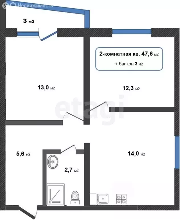 2-комнатная квартира: село Супсех, Сочинская улица, 7 (51 м) - Фото 1