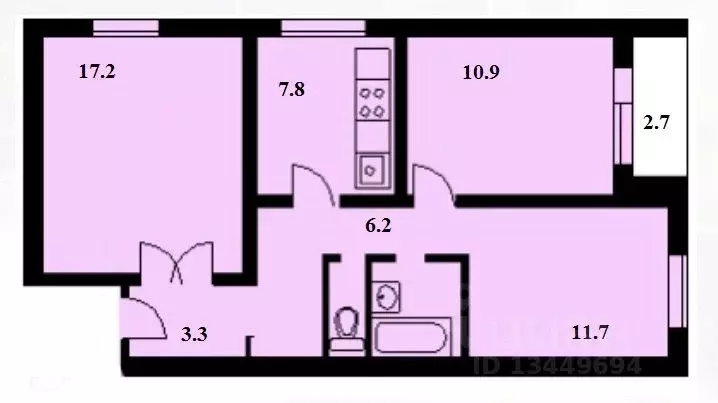 Планировка квартиры п30 3-к кв. Москва 3-й Лихачевский пер, 7к3 (61.6 м), Купить квартиру в Москве, ID о