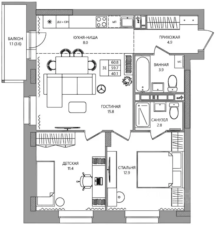 3-к кв. Пермский край, Пермь Самолетная ул., 6 (60.8 м) - Фото 1