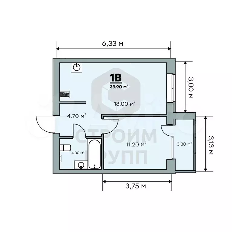 1-к. квартира, 39,9 м, 3/9 эт. - Фото 1