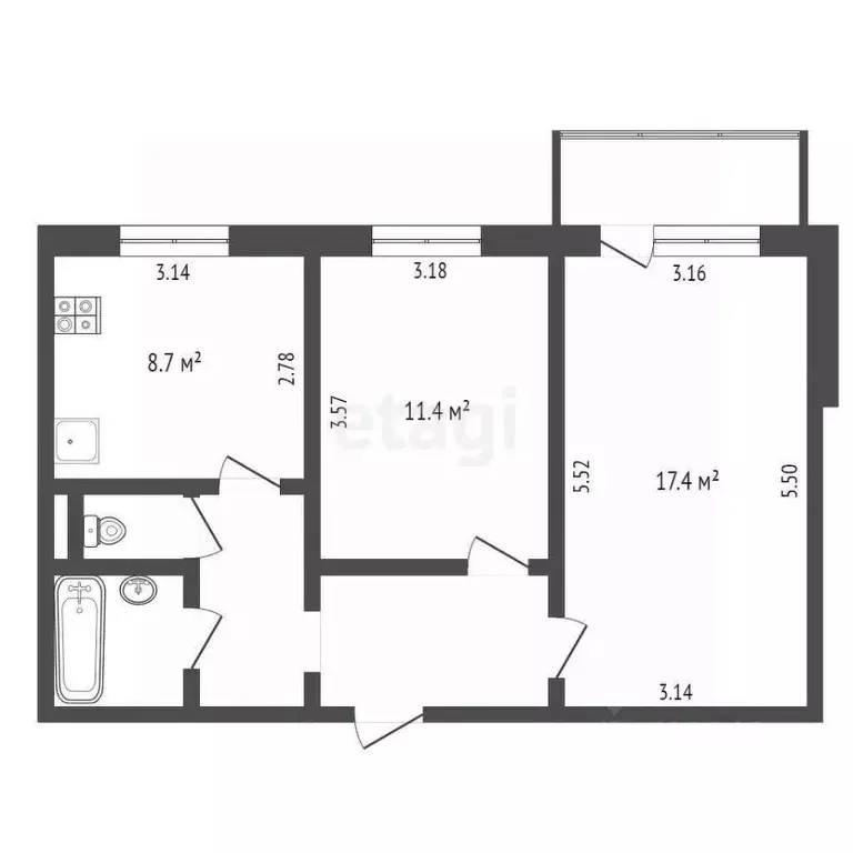 2-к кв. Белгородская область, Белгород ул. Есенина, 20а (52.1 м) - Фото 1