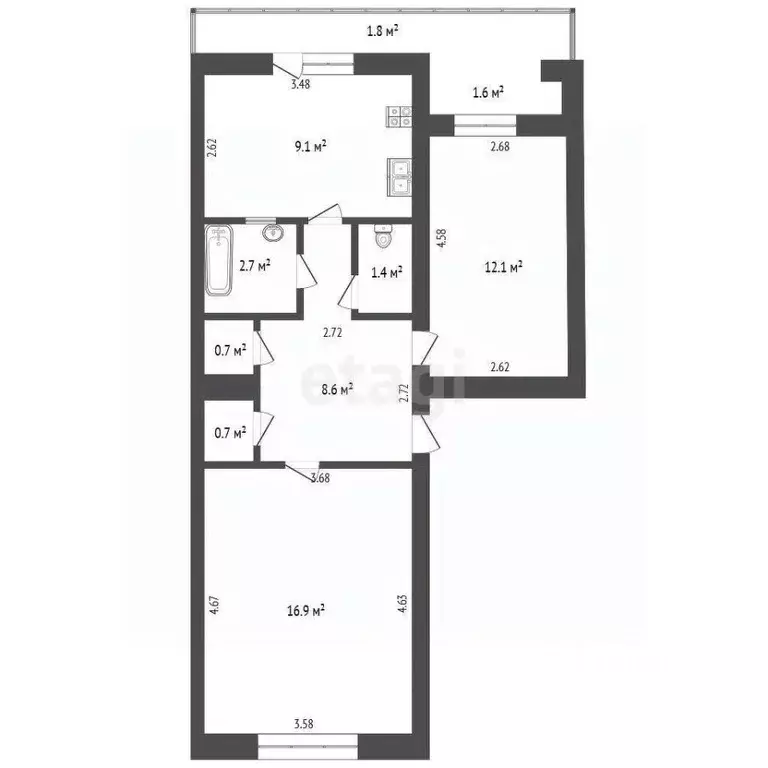 2-к кв. Крым, Феодосия ул. Челнокова, 96 (52.2 м) - Фото 2