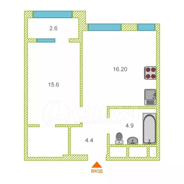 1-комнатная квартира: Тюмень, улица Евгения Войнова, 3 (41.8 м) - Фото 2