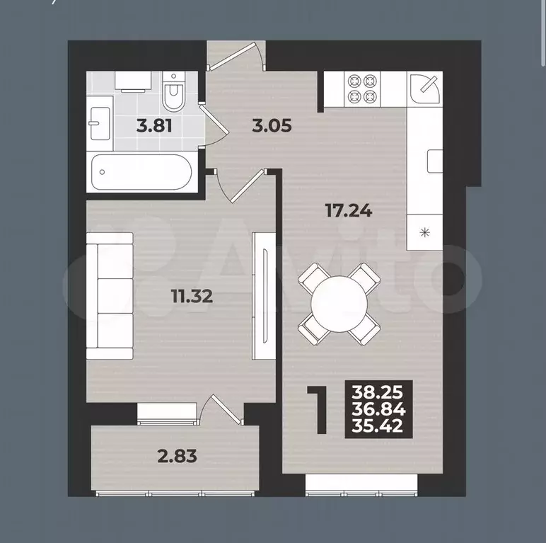 1-к. квартира, 38,5 м, 4/9 эт. - Фото 0