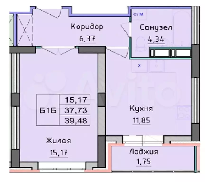 1-к. квартира, 39,5 м, 4/16 эт. - Фото 0