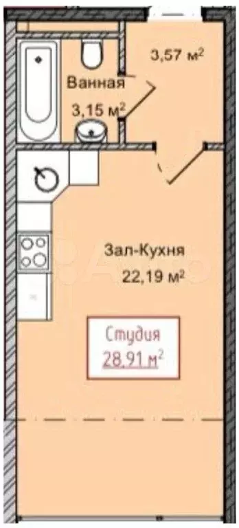 Квартира-студия, 28,9 м, 5/13 эт. - Фото 1